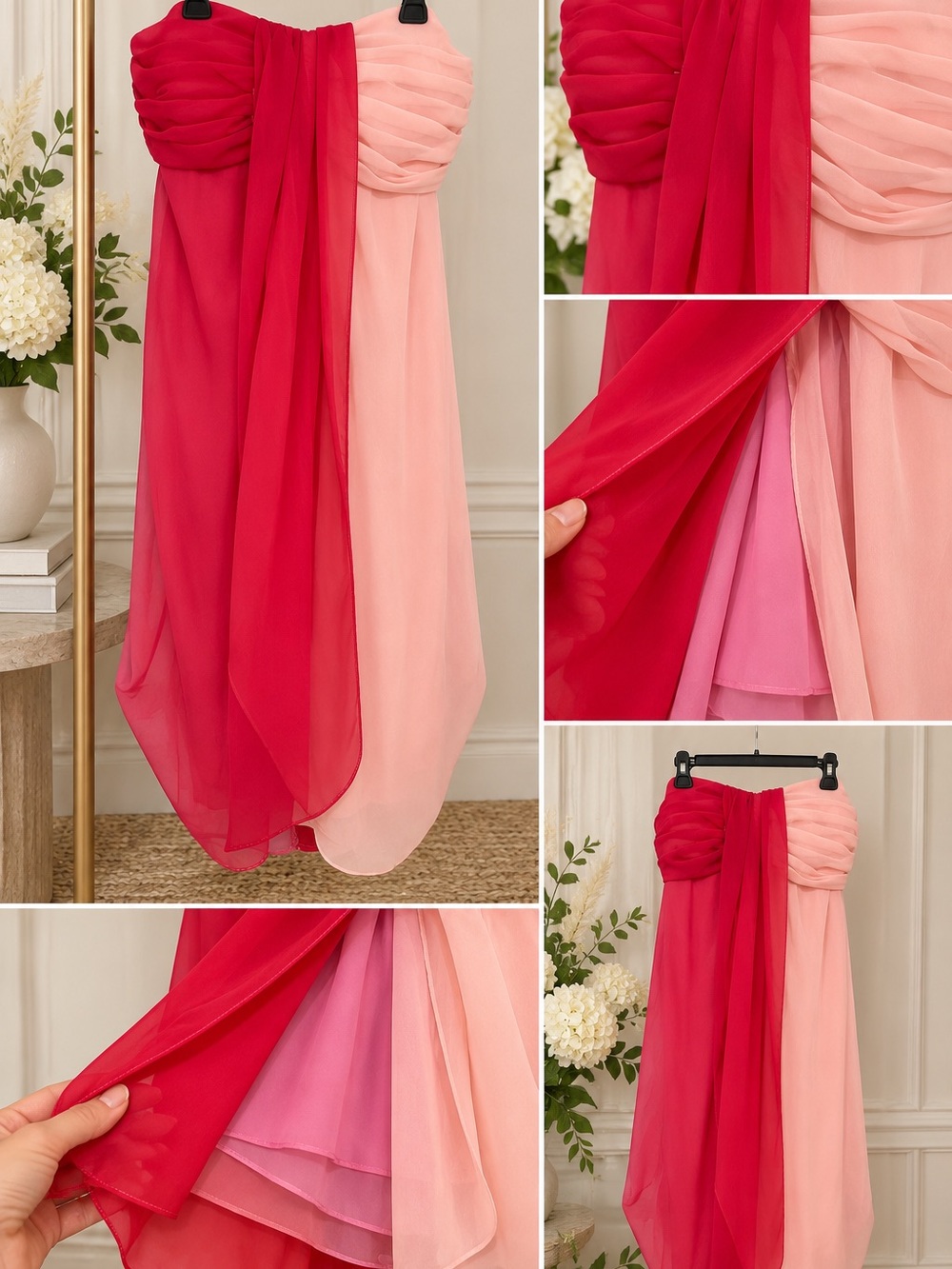Color Block Chiffon Mini Dress Pink Draped Ruched Strapless Formal Size L